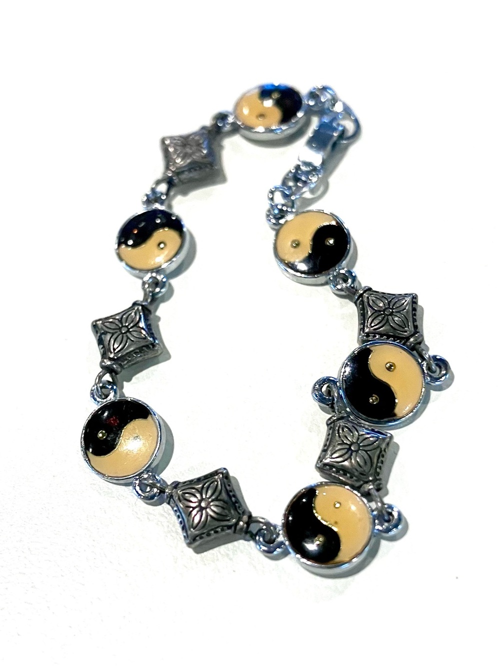 Yin Yang Enamel Link Bracelet - Black & Cream Silver-Tone